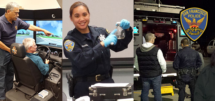 SFPD Community Police Academy header with image of driving simulator, officer teaching and students with officer