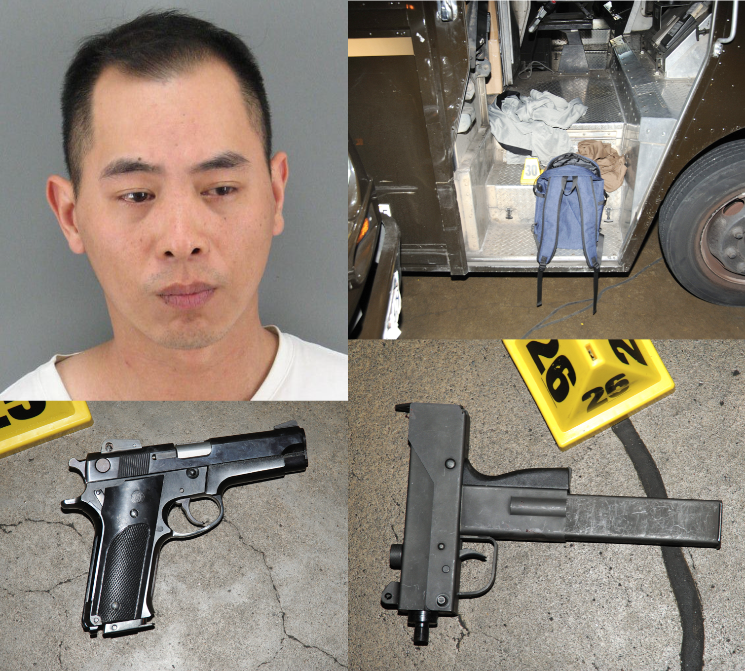 Top Left: Booking photo, Top right: backpack evidence in UPS truck, Bottom Left: gun, Bottom right: gun with extended magazine