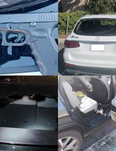 Images of vehicles with broken windows from auto burglaries and firearm seized during arrest