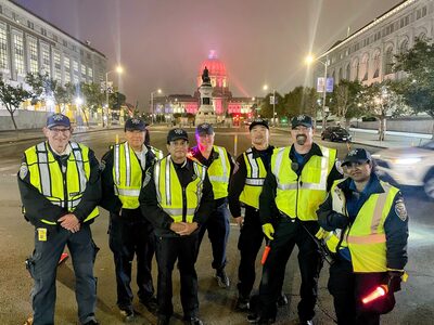 Image of ALERT members in front of the San Francisco City Hall before a DUI Checkpoint deployment.