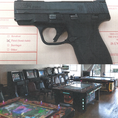 Image of firearm and illegal gambling machines seized