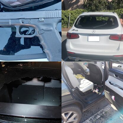 Images of vehicles with broken windows from auto burglaries and firearm seized during arrest