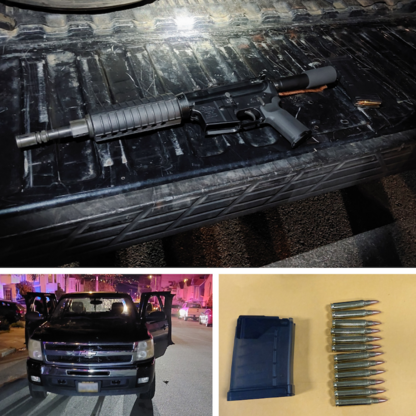 Image of firearm and vehicle seized from suspects in sideshow.